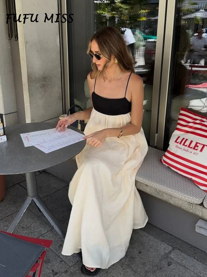 Elegant Contrast Loose Sling Long Dresses Women Square Collar Sleeveless Backless High Waist Dress 2024 Summer Sexy Lady Robe 250207
