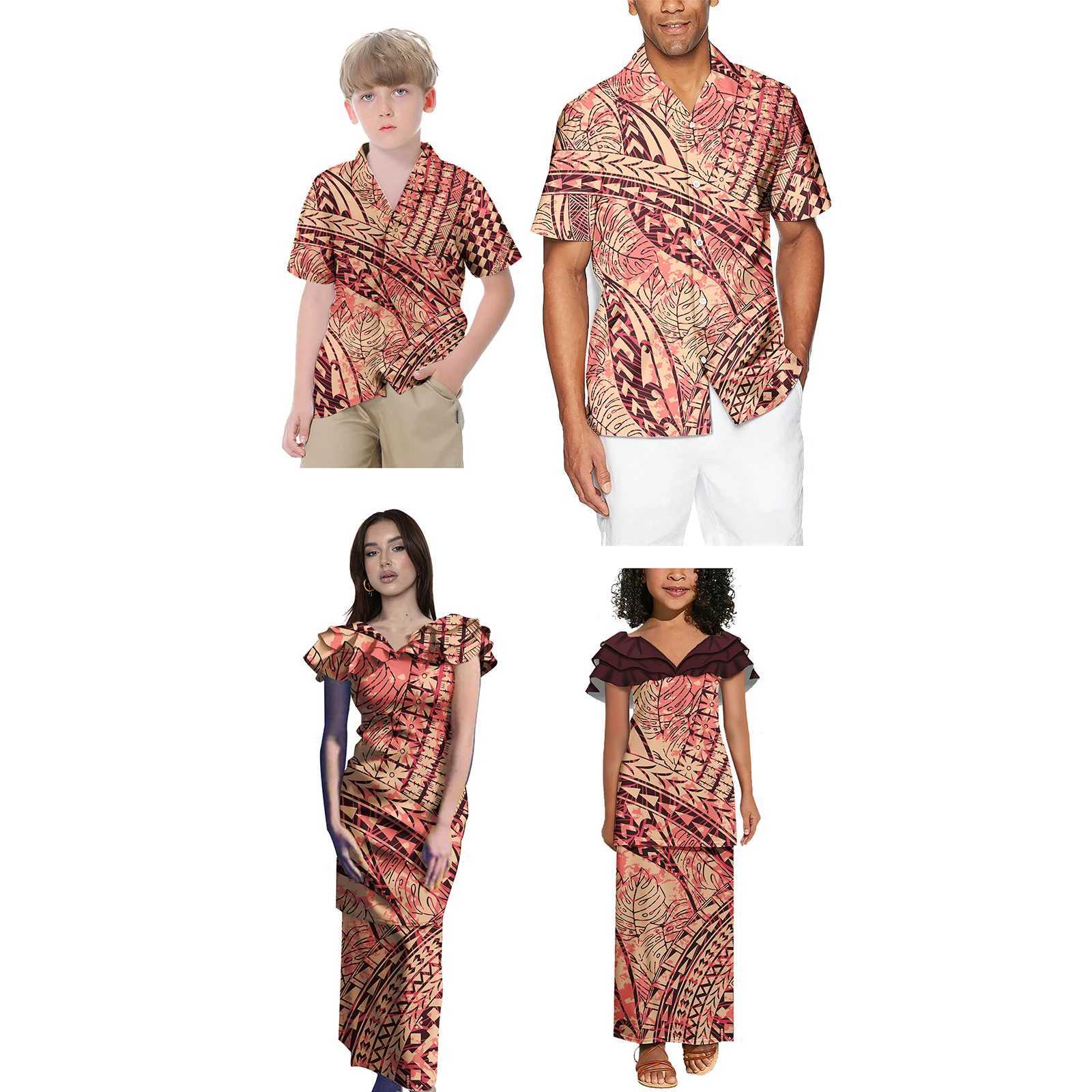 New Family Summer Clothing for Girls Polynesian Matching Set 4pcs Dresses and Tribal Girls Childrens Clothing Set W250207