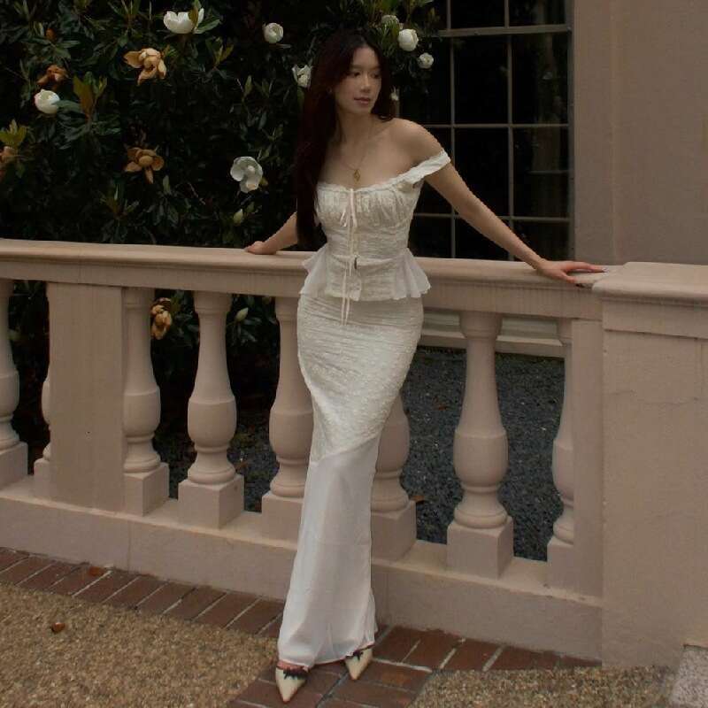 Summer Ins Style Square Collar Lace Top High Waist and Slimming Fishtail Skirt Set for Women 2025 New Casual Fashion Trendy Clothing