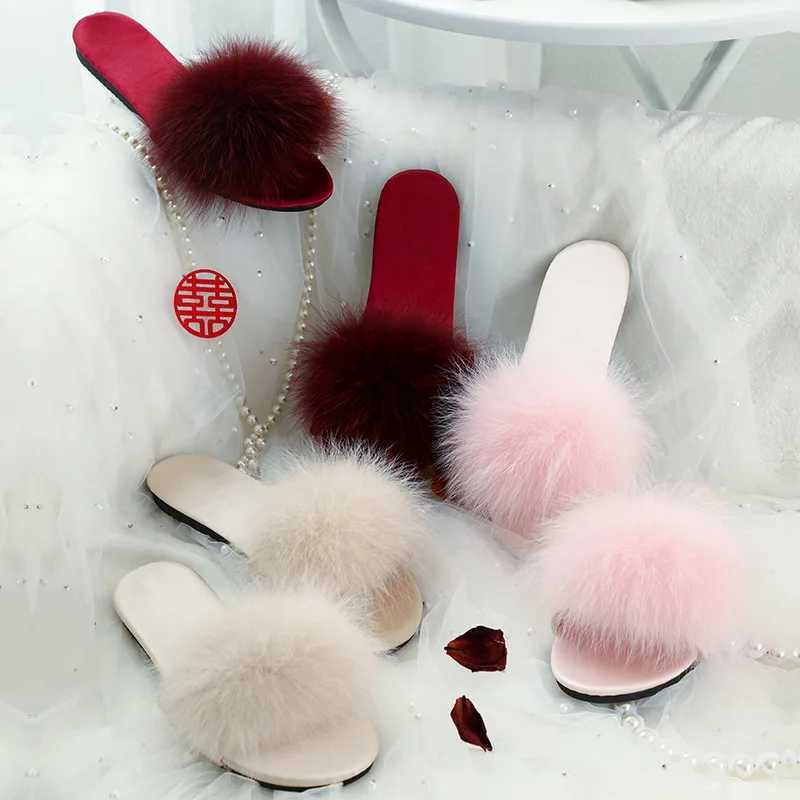 Bridesmaid Women Slipper Ostrich Feather Slides Female Sandals Flip Flops Indoor Slipper Wedding Team Shoes Lady Gift LuxuryXJ250207