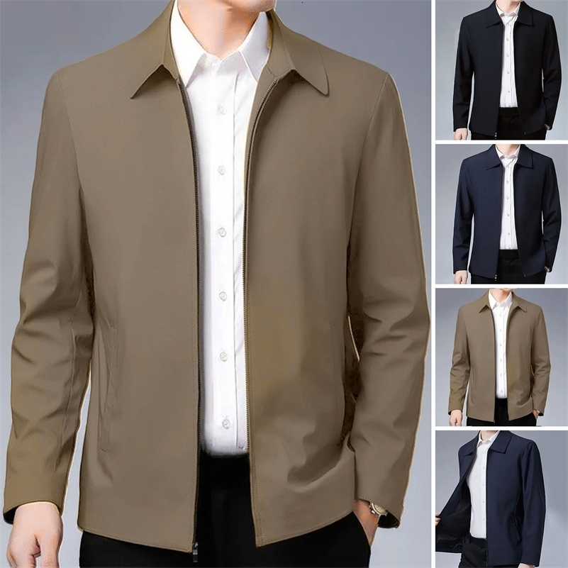 Men Jacket Elegant Mid-aged Mens Lapel Jacket with Zipper Closure Pockets for Formal Business or Casual Wear in Spring Fall 250206