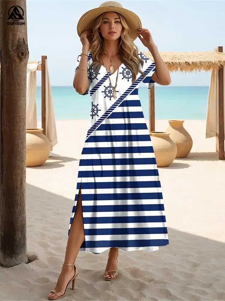 New Vacation Womens Dresses Anchor Print Ele Midi Dresses Feamle Short Sve Dress Fashion Oversized Clothes Summer 2024XJ2500207