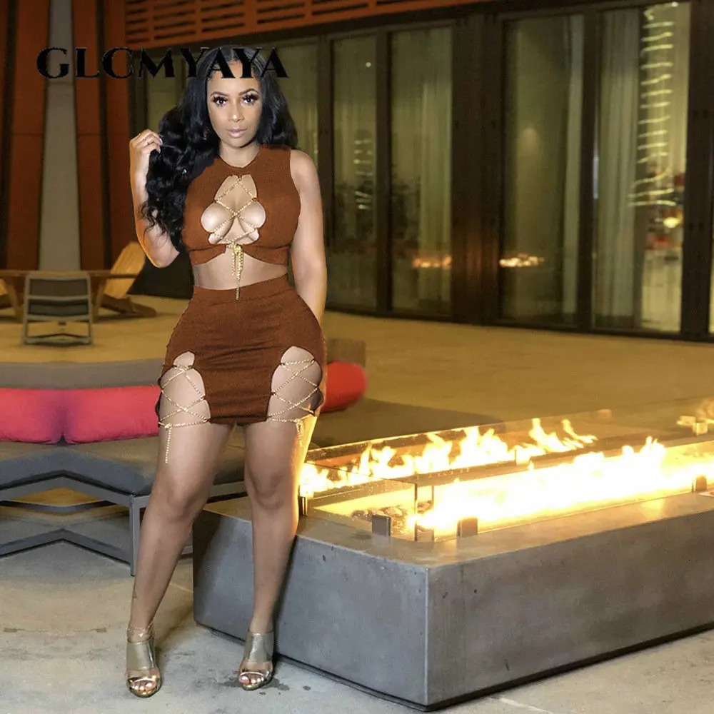 GLCMYAYA Women Set Chain Lace Up Sleeveless Crop Tops Sheath Elastic Mini Skirts Suit Two 2 Piece Set Sexy Club Outfit 250206