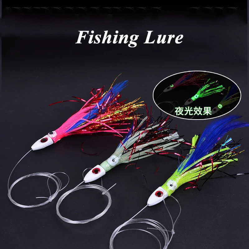 1PC Fishing Bait with Metal Head Line Squid Skirt Feather Lure Tied Up Saltwater Octopus Trolling Accessories 250207