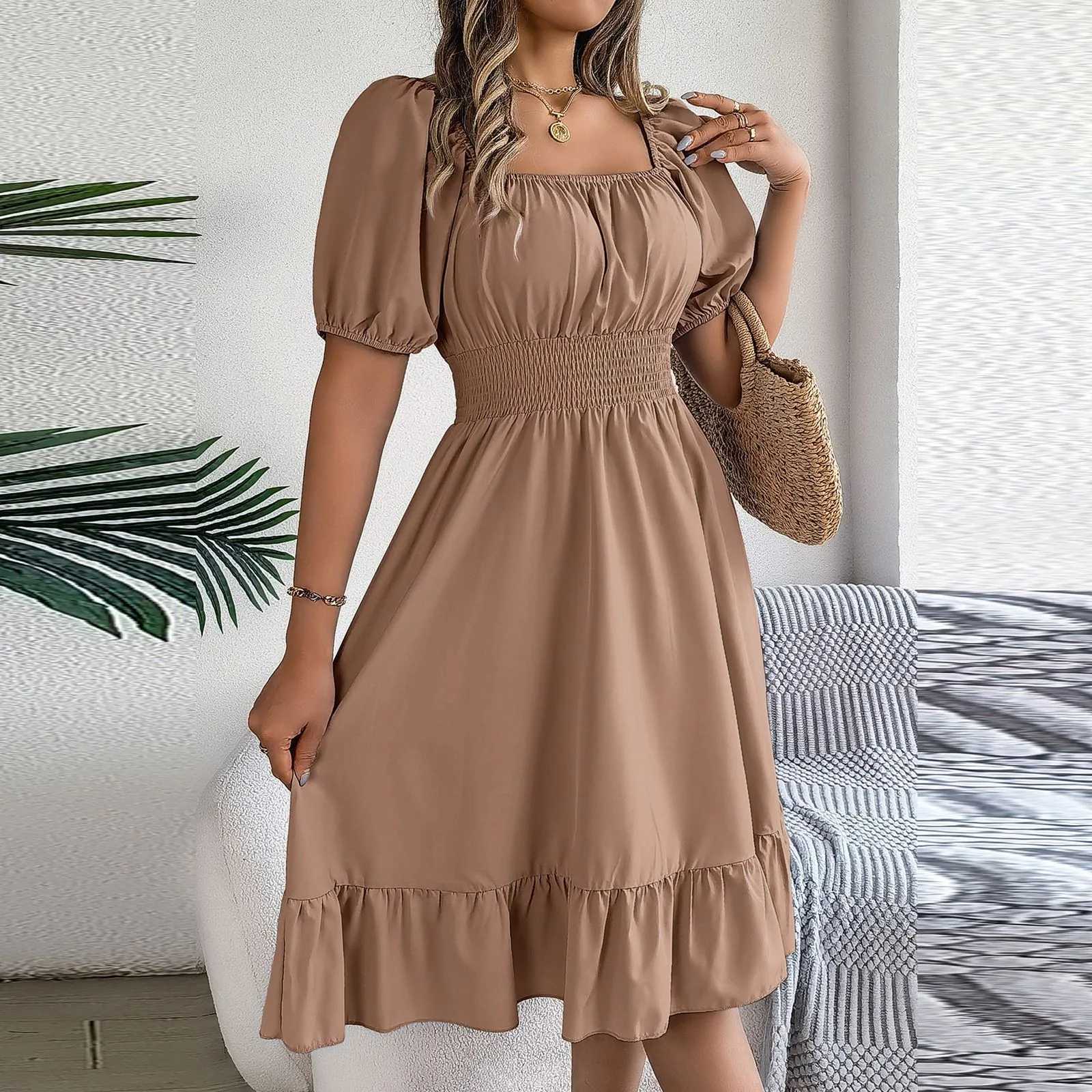 Ele Women Spring Summer Dress Square Neck Puff Sve A Line Vestidos Square Neck Tie Waist Ruched Casual Solid Long DressXJ2500207