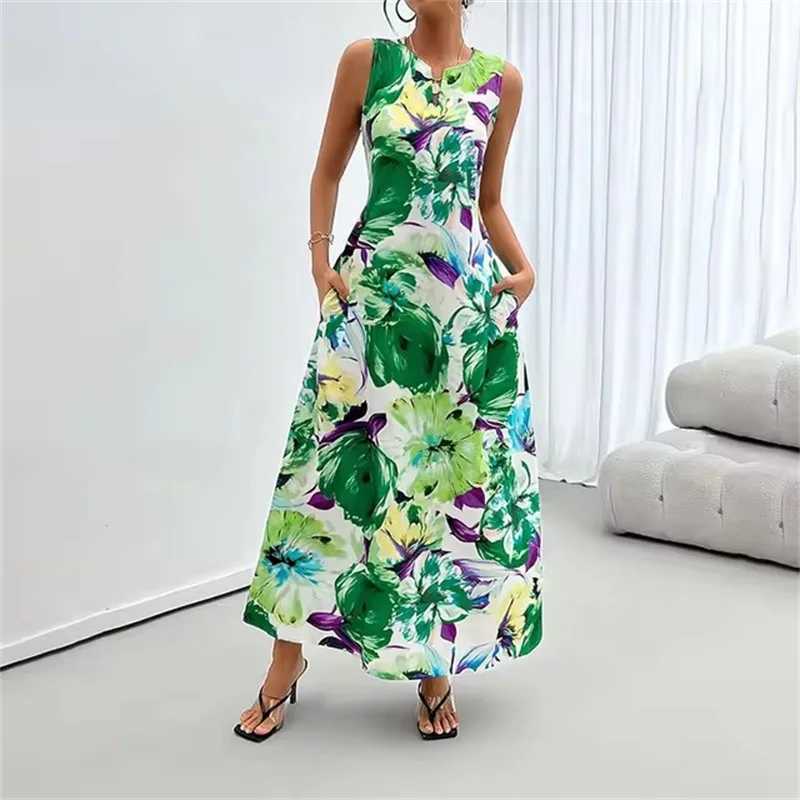 Ladies New Spring Summer Daily Casual Dress Urban Street Fashion Sveless Long Dress 3D Flower Print V-Neck Womens Maxi DressXJ2500207