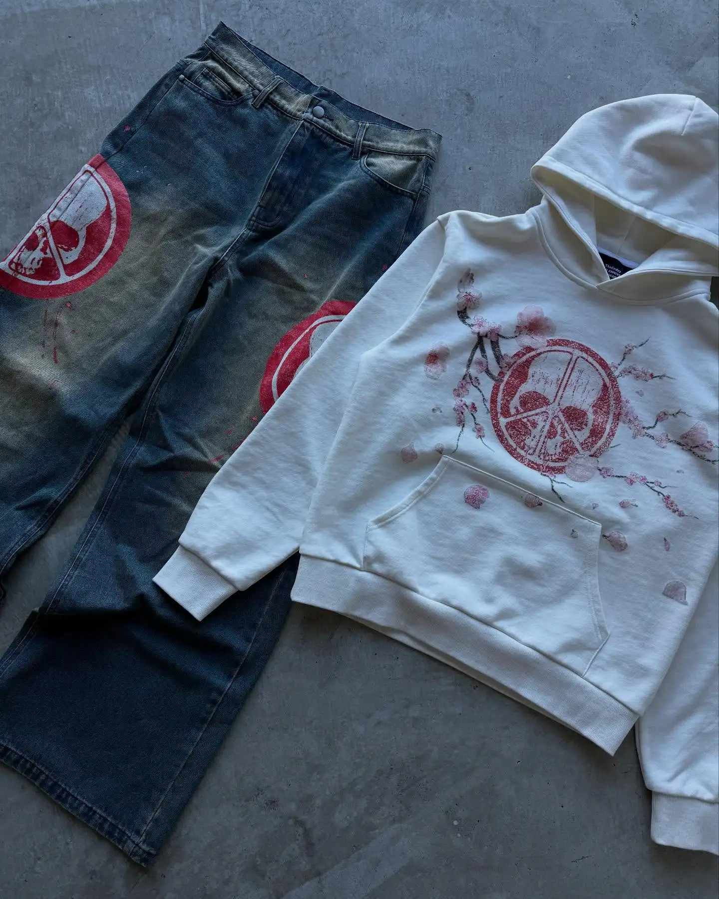 Harajuku Skull print Oversized Sweatshirt Hoodie Sweatpants High Street Two Piece Set Y2K Clothes Mens Casual Pants Men Clothing 250207