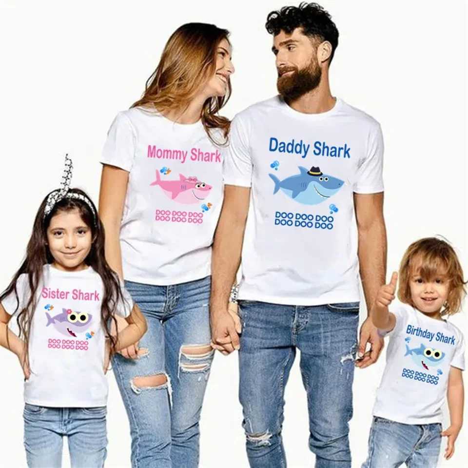 Matching Family Outfit For Birthday Shark Theme T-shirt Birthday Kids Funny Party Family Look Clothes Father Mother Daughter Son W250207