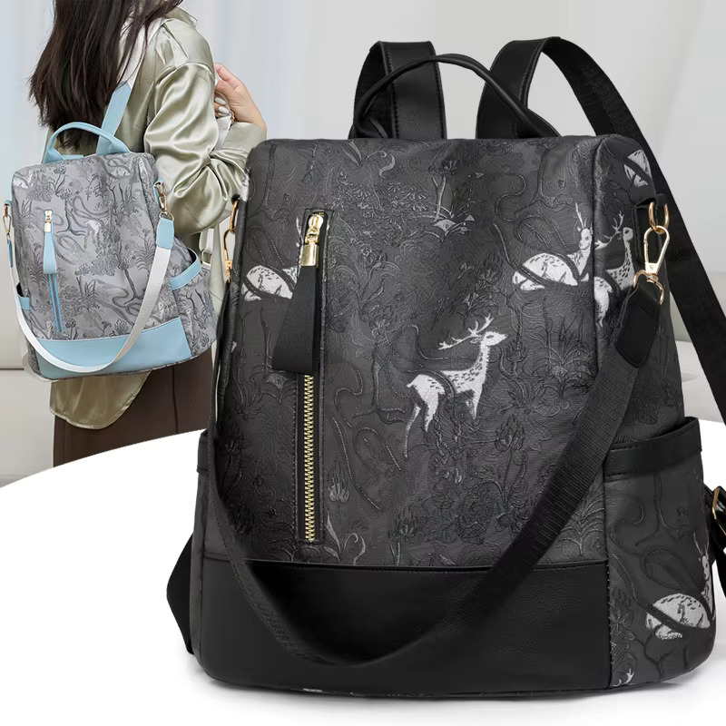 Fashion Color Blocking PU Leather Multi-Function Anti Theft Design Women's Backpack Large Capacity Leisure Travel Bags