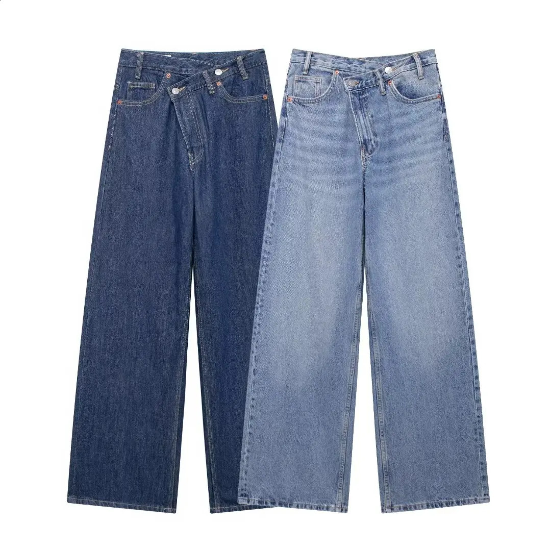 PB ZA Women Autumn Fashion Doublebreasted waistband high waist wide leg jeans vintage casual female Denim Pants Mujer 250206