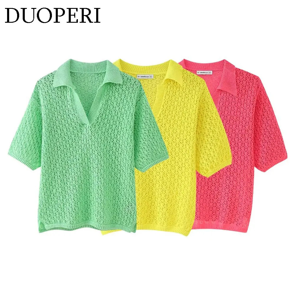 DUOPERI Women Fashion Jacquard Solid Knitted Mesh Out Pullover Polo Shirt Short Sleeve Female Chic Lady Casual Tops 250207