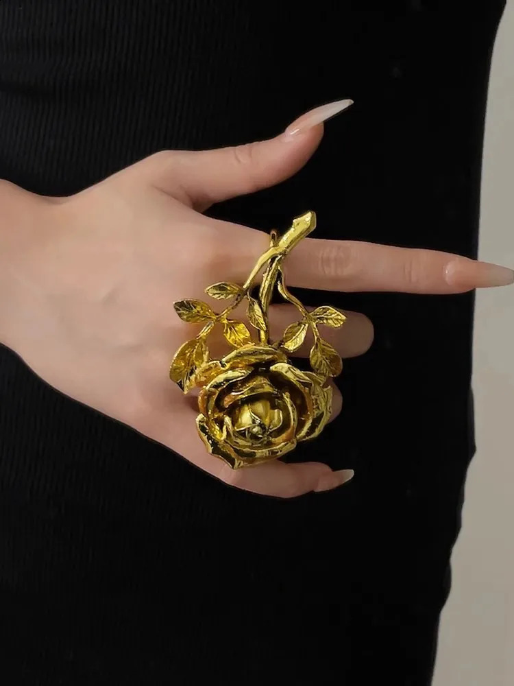Vintage Exaggerated Metal Rose Flower Large Open Rings for Women Europe and America Personality Party Jewelry Accessories 250206