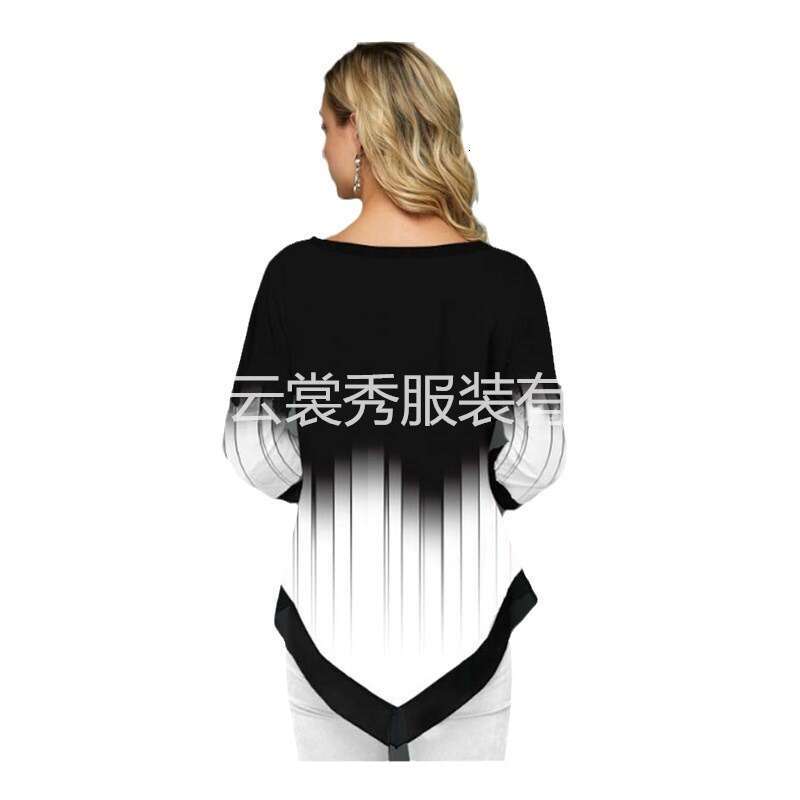 3D positioning printed street trendsetter V-neck irregular hem loose T-shirt 2024 new casual versatile fashion clothing