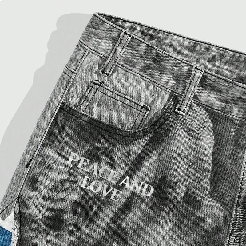 Mens European and American Street Fashion Denim Shorts with Patchwork Pentagram Print Trendy Allmatch 250120