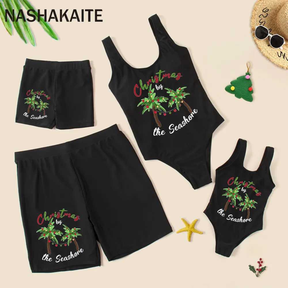 NASHAKAITE Christmas Family Matching Clothes Mommy And Me Swimwear Xmas Tree Print Swimsuit Mom And Daughter Family Swimwear W250207