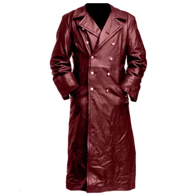 Men's Leather Jacket PU Men's Classic German WWII Military Uniform Officer Black Leather Trench Coat