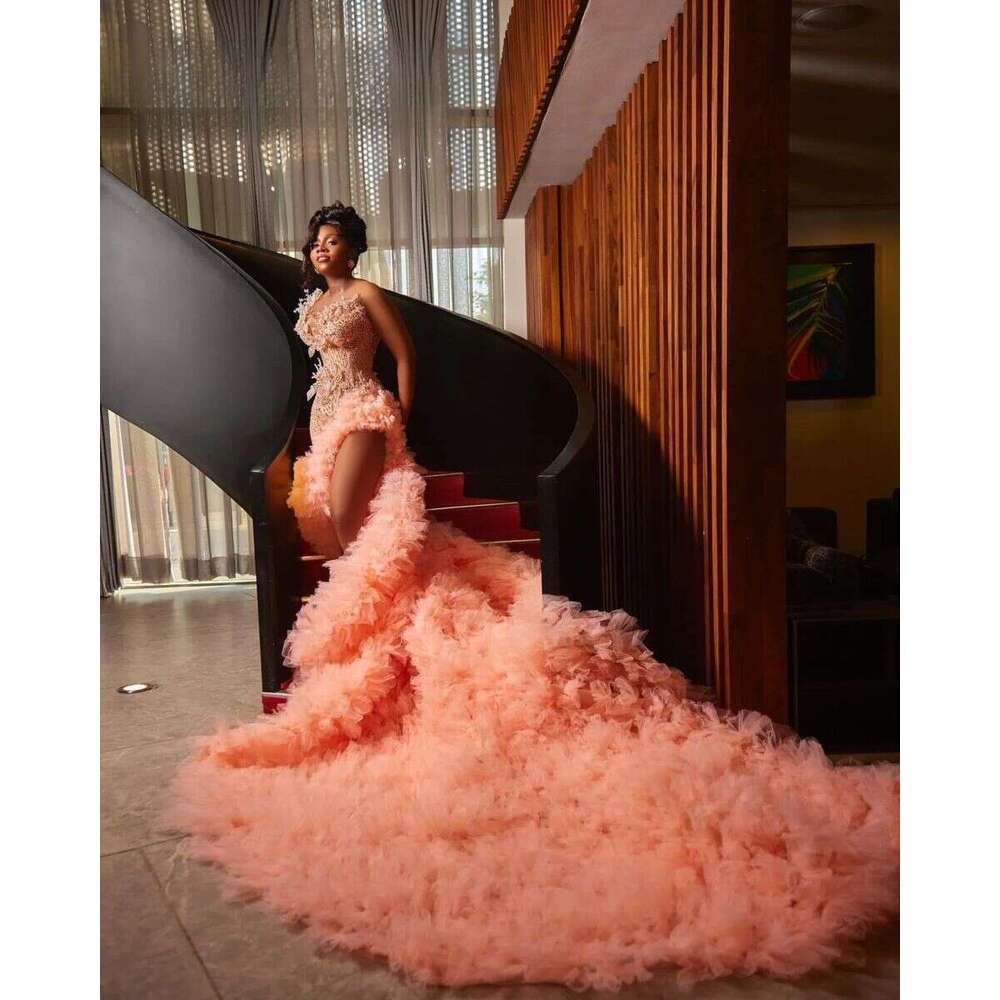 2024 Mermaid Pink Prom Dress Lace Pearls Crystals Evening Formal Party Second Reception 50Th Birthday Engagement Gowns Dresses
