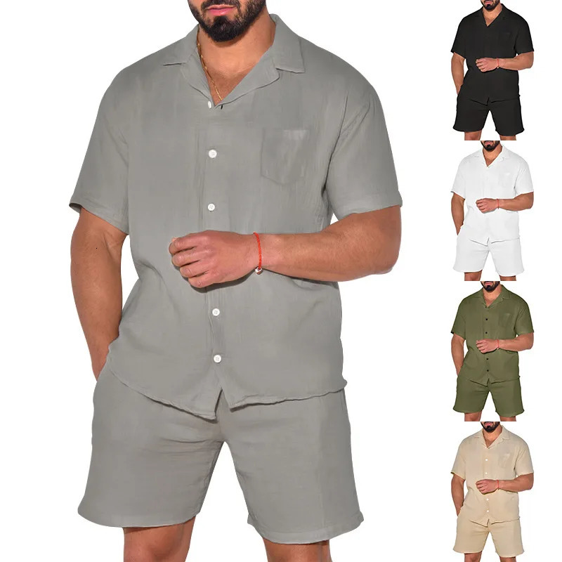 2024 Spot European and American Summer Sports Mens Short Sleeved Shorts Set Loose Casual Shirt 250207