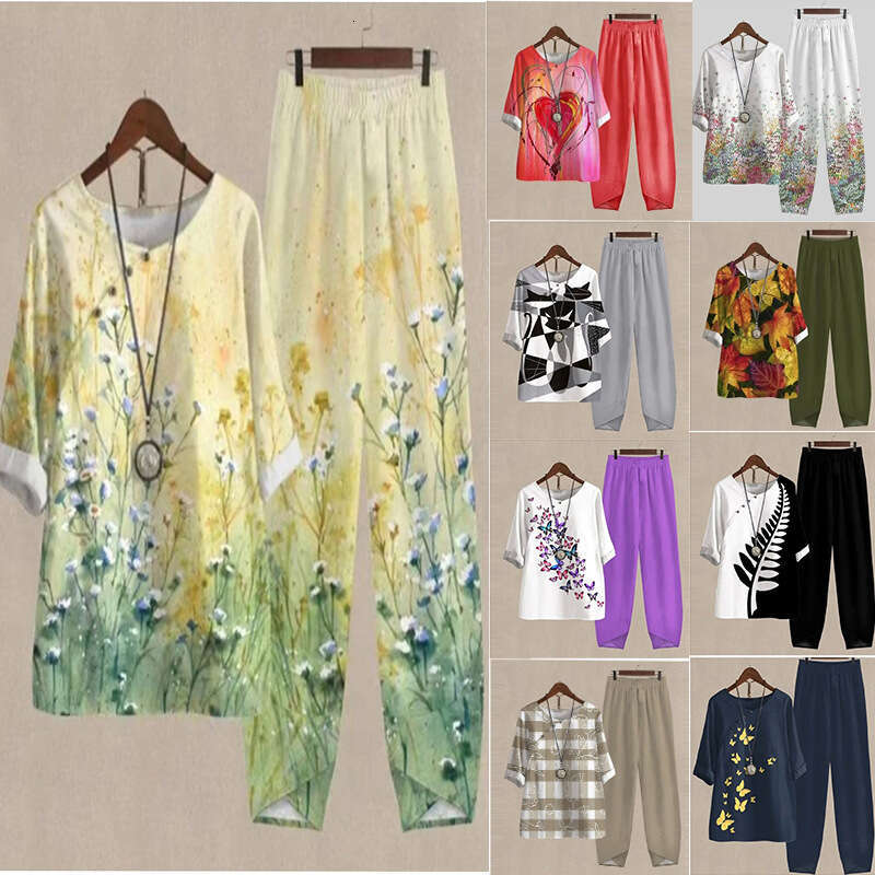 Popular Spring Women's Five Sleeve Printed Top and Pants Two Piece Set 2024 Versatile New Trendy Clothing Ins