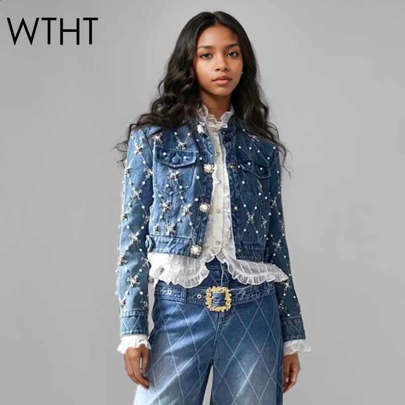 WTHT Trendy Womens Plaid Pearl Diamonds Short Denim Jacket 2025 Spring Fashion O-neck Long Sleeves Coat Female 1LS695 250121