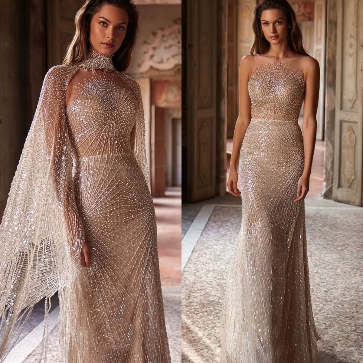Modern Pearls Wedding Dresses Sequins Beading Mermaid Bridal Gowns Long Sleeve O Neck Customized Princess Sweep Train Bride Dress Vestidos De Novia