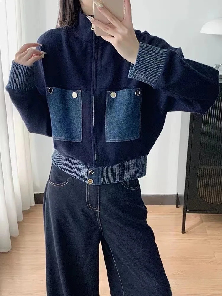 French Patchwork Pocket Denim Women Coat Elegant High Quality Zip-up Lapel Jacket Vintage Fashion Knit Tops Female Clothing 250121