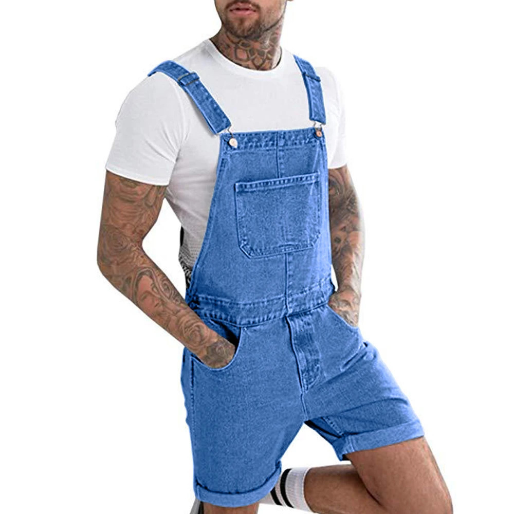 Mens Vintage Jeans Overalls Solid Color Elastic Denim Jumpsuit With Pockets Men Summer Casual Button Suspenders Short Pants 250207