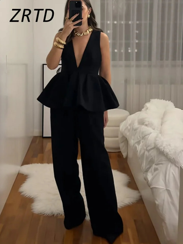 Elegant Ruffle Vest Pants Sets Women Sexy Vneck Tank Tops Loose High Waist Harem Pant Spring Lady Solid Vacation Outfits 250206