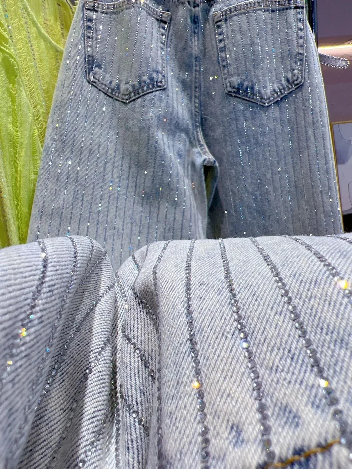 2025 Full Body Vertical Diamond Blue Jeans Women Heavy Industry Shiny Retro Straight Baggy Pants Autumn Long Trousers 250122