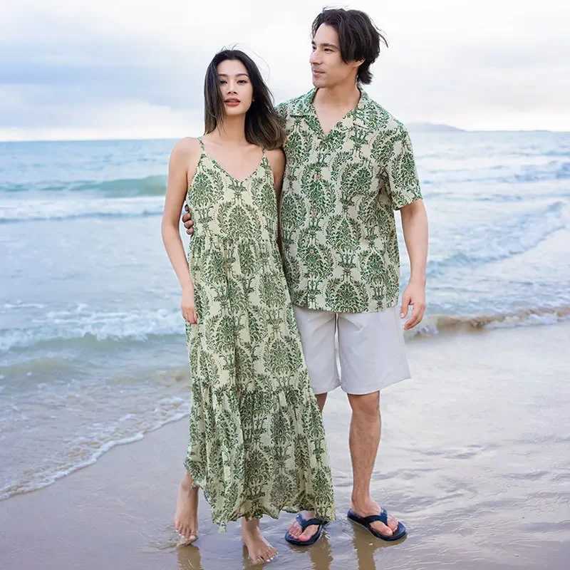 Polynesian clothing family set beach mom and daughter bohemian dress dad and son vacation shirt dad mom child matching clothes W250207