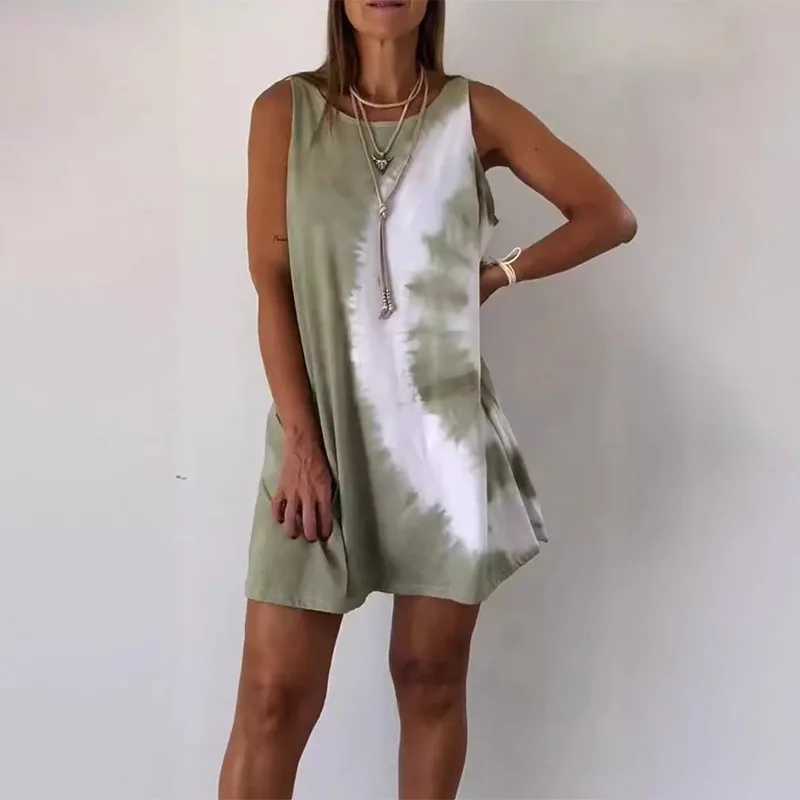 2024 Summer Round Neck Dress for Women Tie Dye Sveless Dresses Fashion Loose Simple Vacation Ladies Casual Wear Robe FemmeXJ2500207