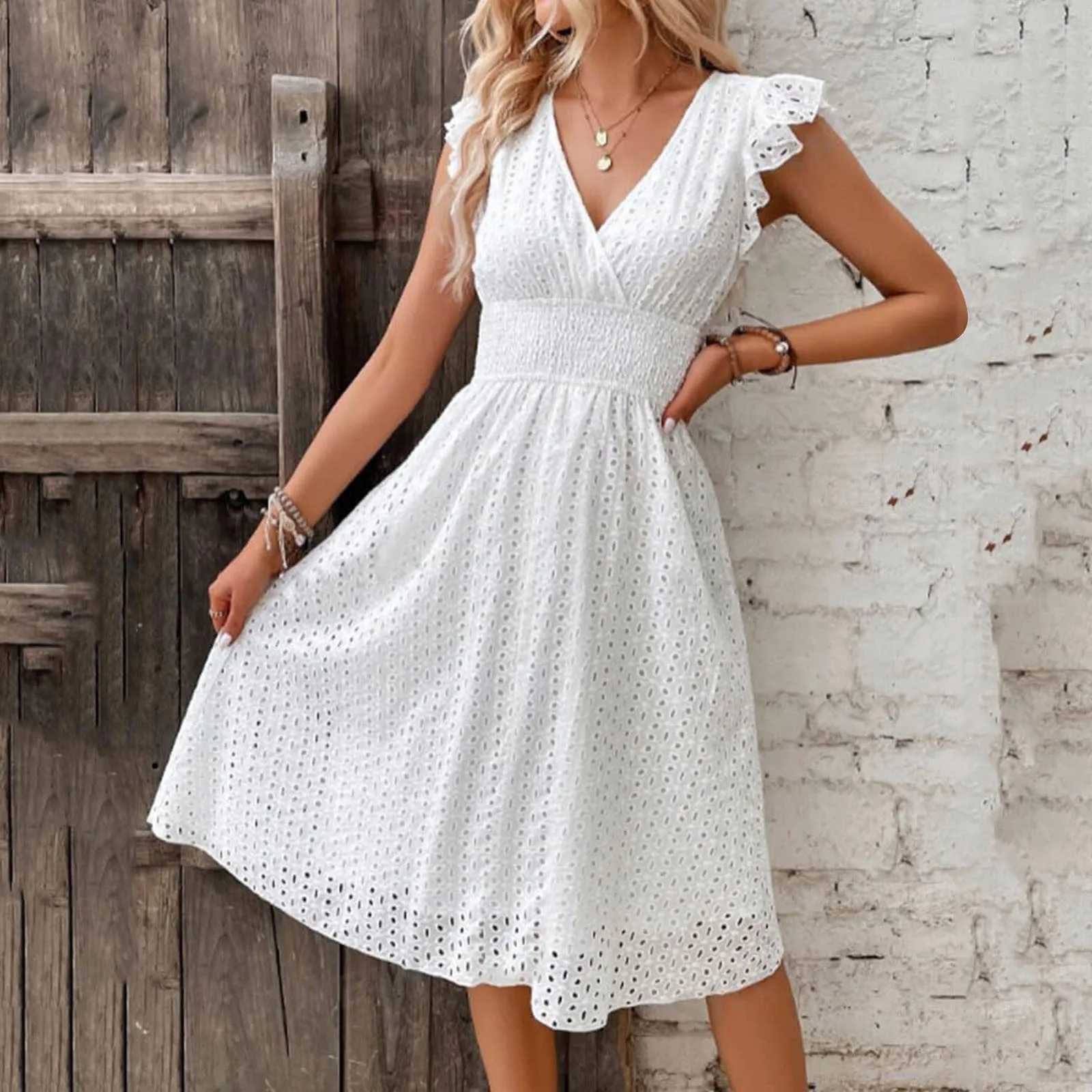 Women White V-Neck Beach Dress Solid Summer A-Line Half Sve Shirt Dress Casual Loose Pocket Sundress Holiday Baggy Long RobeXJ2500207