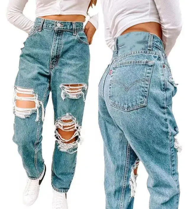 Vintage Womens High Waisted Jeans Fashion Ripped Jean Youthful Baggy Pants for Women Female Trousers Streetwear 250121
