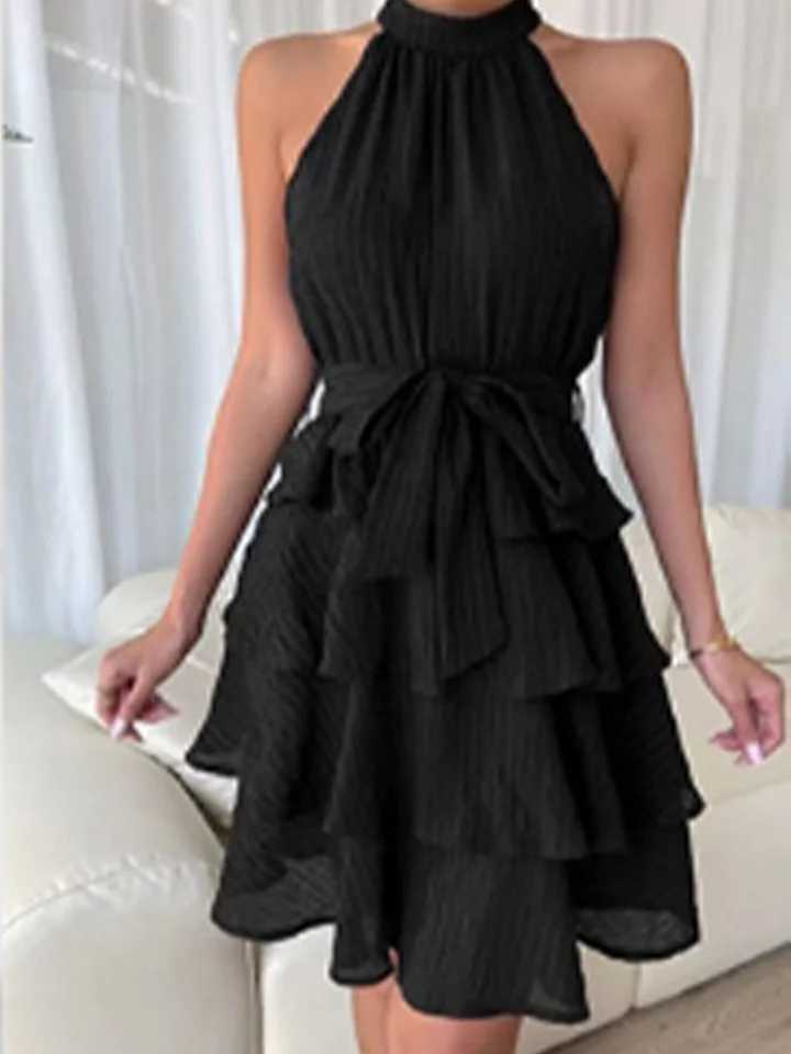 Stylish Sveless Off Shoulder lti-Layered Ruffle Edge Dress Womens Solid Color Mini Dress Party A Line DressesXJ2500207