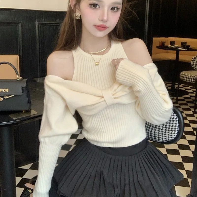Sexy Off Shoulder Sweater Women Christmas Elegant Manners Bow Solid Two Piece Knit Jumpers Chic Vest Office Lady Tops 250121