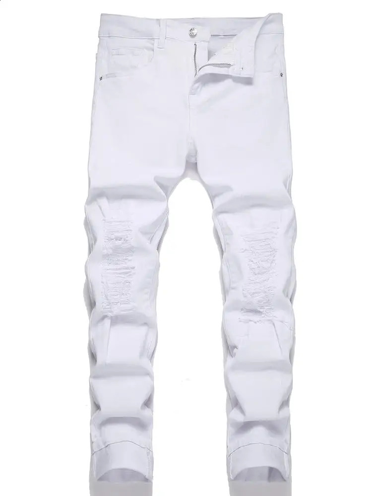 Mens jeans casual straight - leg stretch fashionable classic white denim long trousers in a minimalist trendy ripped style. 250206