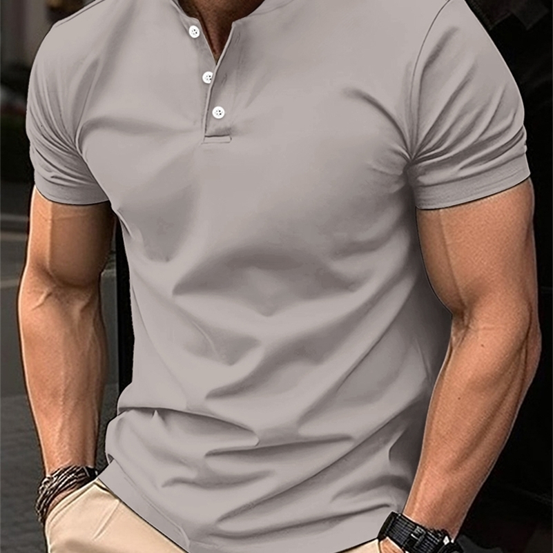 SpringSummer Mens Short Sleeved Neck T-shirt Solid Color Casual Polo Shirt Trendy Breathable Loose Top 250206