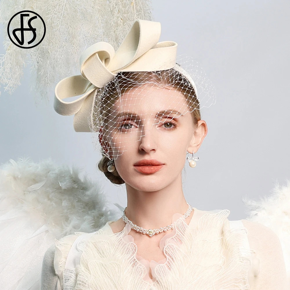 Wool Felt Fascinators White Wedding Hats For Women With Veil Bowknot Cocktail Tea Party Hat Lady Elegant Church Dress Derby Cap 250207