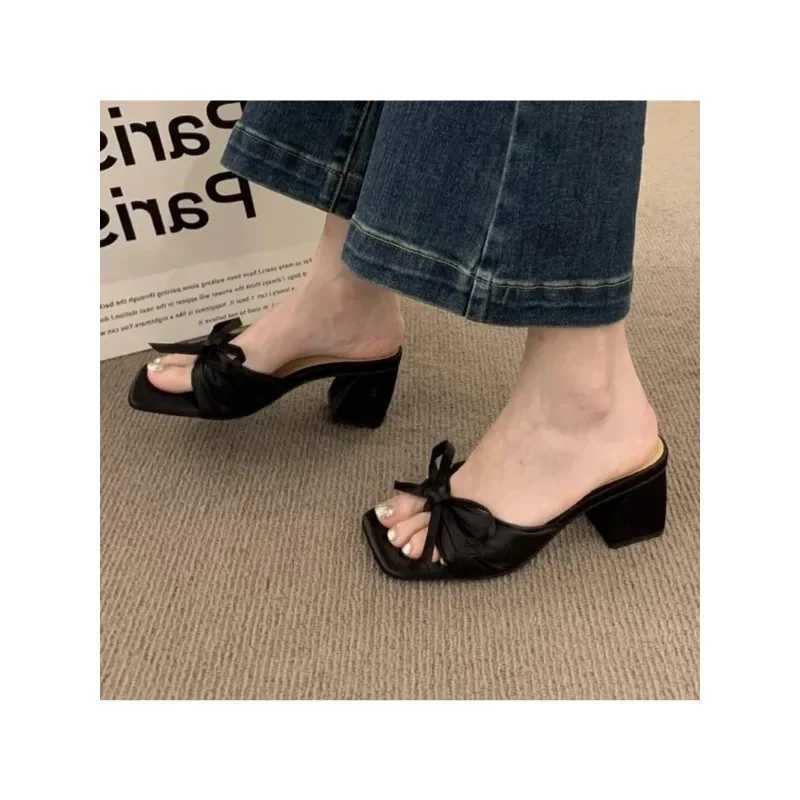 Bow Chunky Summer Shoes 2024 New Sexy High Heels Women Slippers Sandals Designer Flip Flops Open Toe Party Pumps SlidesXJ250207
