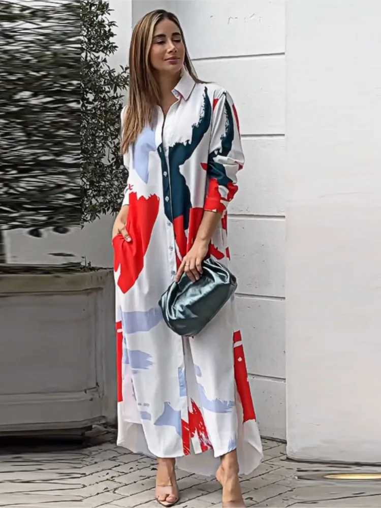 Womens Clothing 2024 Spring Fashion Print Sexy Slit Long Single Breasted Shirt Casual Comfortable With Pocket Irregular DressXJ2500207