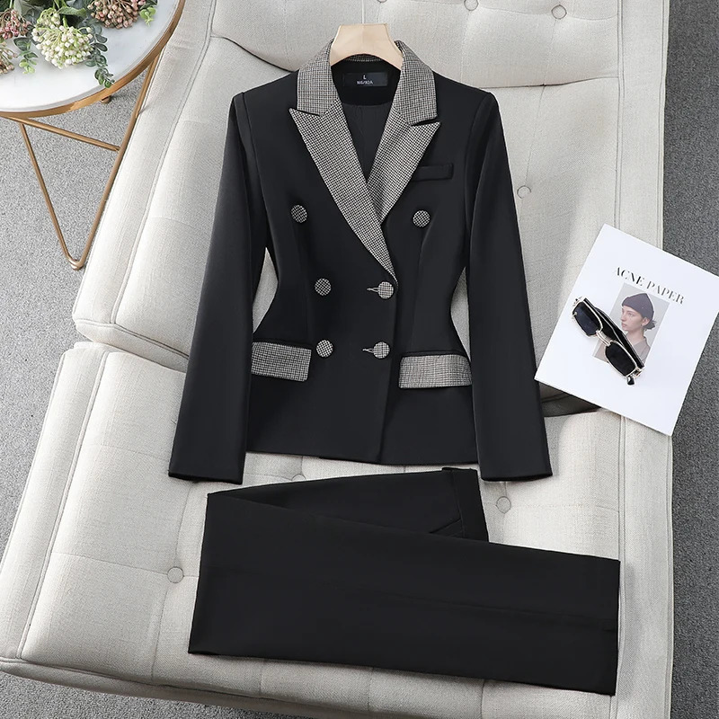 NAVIU Fashion Office Ladies Formal Pant Suit set Women Black Plaid Female Business Work Wear 2 Piece Blazer Jacket and Trouser 250206