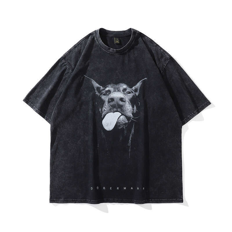TKPA Doberman Print Wash Vintage High Fashion Brand Loose Round Neck Short Sleeve T-shirt for Men and Women Street