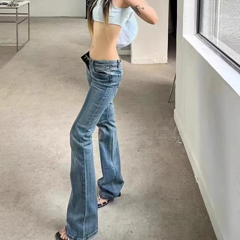 Vintage Flare Jeans Low Rise Women Sexy Fashion Washed Jean Pants cyber Y2K Grunge Fairycore Denim Trousers Korean 250206