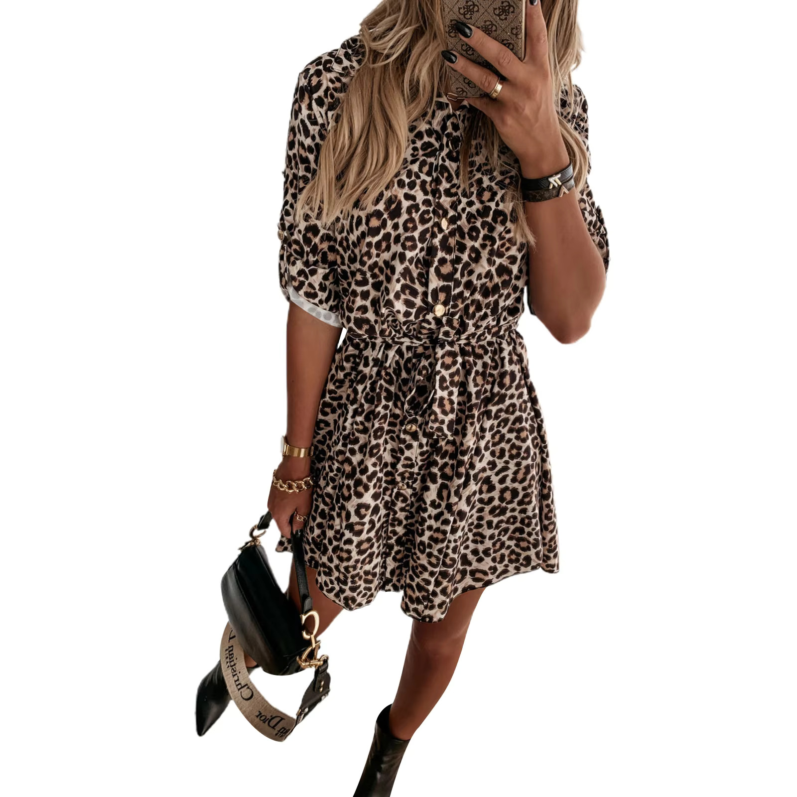 Women's Vintage Aesthetic Mini Short Sleeve Leopard Printed Elegant Shirt Button With Belt Office Casual Party Dress