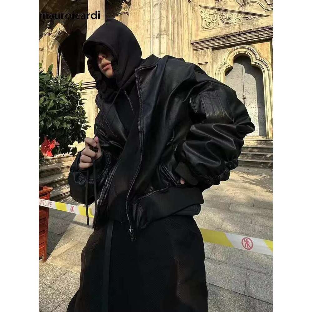 Men's Leather Jacket Mauroicardi Autumn Winter Oversized Cool Black Thickened Warm Pu Leather Bomber Jacket Men Hood Designer Fake 2 Clothes
