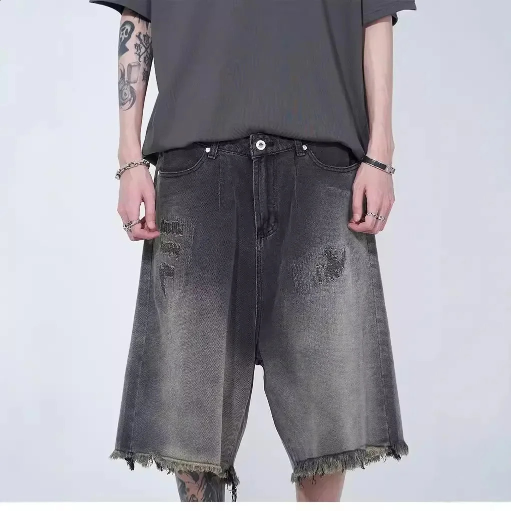 Summer Mens American Style High Street Vintage Washing Distressed Loose Fit Casual Fringe Denim Shorts 250206