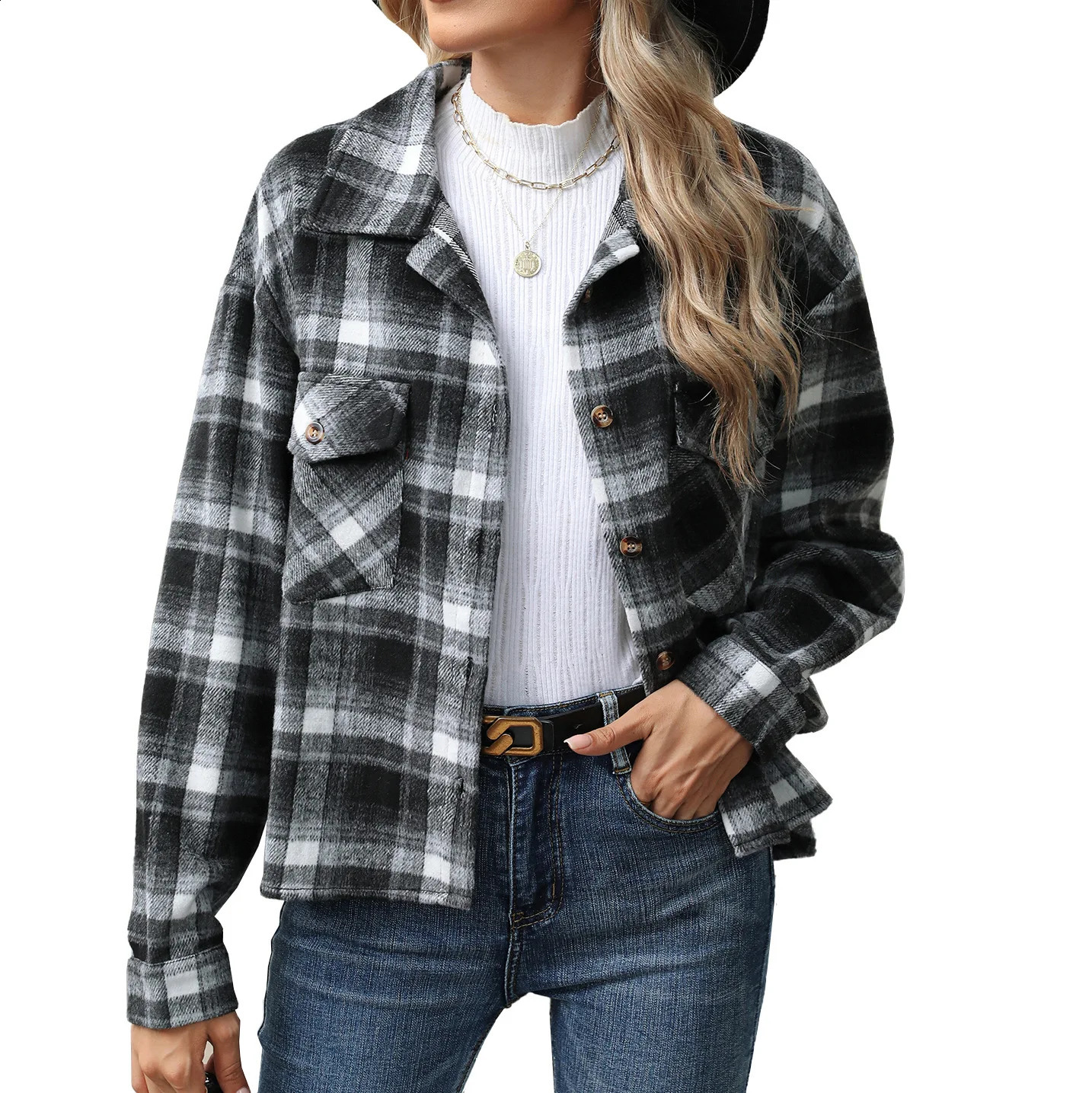 Style Lapel Plaid Button Loose Long Sleeve Woolen Jacket 250109Z