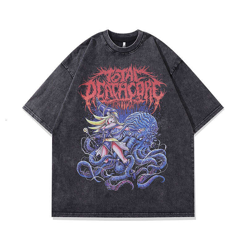 TKPA Harajuku Cartoon Anime Character Washed Old Short T-shirt for Men and Women Hip Hop Fashion Brand Half sleeved Tee Shirt