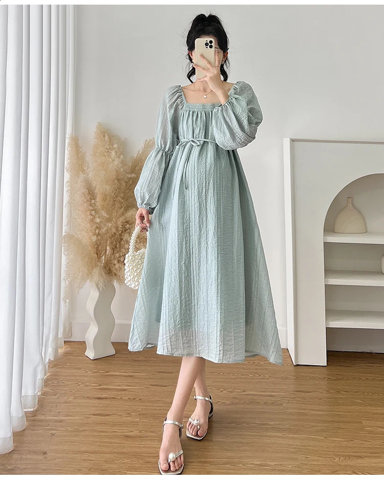 Pregnant Womens Clothing Spring Long Sleeve Square Collar Loose Maternity Chiffon Dress Plus Size Pregnancy Beach Blue 250114