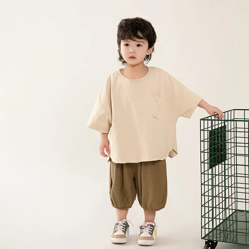 T-shirt Childrens Clothing Boys Short Sleeved Summer Korean Burr Edge Solid Color Half Sleeve Tops Round Collar 250207